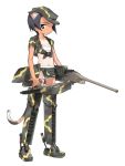  1girl animal_ears backpack bag black_hair camouflage cat_ears cat_tail crop_top digital_bs_tuners fanny_pack flat_chest front-tie_top fundoshi grey_eyes ground_vehicle gun hat holding imperial_japanese_army japanese_clothes konami_mecha_musume looking_at_viewer looking_back mecha_musume midriff military military_vehicle motor_vehicle navel one-piece_tan open_clothes open_shirt original profile sarashi shimada_fumikane shirt short_hair simple_background solo standing tail tan tank tanline tied_shirt type_95_ha-go vehicle weapon world_war_ii 