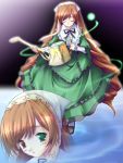  00s 1girl bangs brown_hair corset dress drill_hair flat_chest frills green_dress green_eyes hat heterochromia lolita_fashion long_hair long_sleeves red_eyes ribbon rozen_maiden shoes straightchromia suiseiseki twin_drills twintails very_long_hair watering_can 