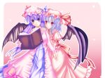  2girls bat_wings blue_hair book bow female hat multiple_girls patchouli_knowledge pink_bow pink_hat purple_hair red_eyes remilia_scarlet touhou wings 