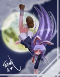  1girl animal_ears female full_moon glowing glowing_eyes handstand long_hair moon necktie night rabbit_ears red_eyes reisen_udongein_inaba skirt solo touhou upside-down very_long_hair 