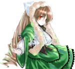 00s 1girl bangs brown_hair corset dress drill_hair flat_chest frills green_dress hat lolita_fashion long_hair long_sleeves outstretched_arm red_eyes ribbon rozen_maiden solo straightchromia suiseiseki twin_drills twintails very_long_hair white_background 
