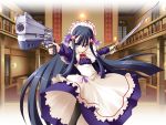  1girl battle blue_hair combat_maid dress game_cg gun hair_ornament handgun long_hair maid nakadachiuri_shiraha oshiete_re:maid ozawa_akifumi pantyhose revolver solo sword thigh-highs very_long_hair violet_eyes weapon 