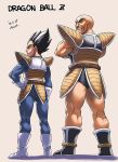  00s 2006 2boys armor azusa azusa_(hws) back bald black_hair dragon_ball dragonball_z facial_hair from_behind gloves male_focus monkey_tail multiple_boys muscle mustache nappa signature spiky_hair tail vegeta 