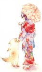  1girl dog japanese_clothes kimono original solo tabi traditional_media uko_(artist) umbrella watercolor_(medium) yuufuushi 