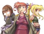  3girls balalaika_(black_lagoon) balalaika_(black_lagoon)_(cosplay) belt black_lagoon blonde_hair cigar cosplay crossed_arms fate_testarossa formal glasses jacket jewelry lyrical_nanoha mahou_shoujo_lyrical_nanoha mahou_shoujo_lyrical_nanoha_a&#039;s maid midriff multiple_girls parody pencil_skirt pendant revy_(black_lagoon) revy_(black_lagoon)_(cosplay) ribbon roberta roberta_(black_lagoon) roberta_(black_lagoon)_(cosplay) roberta_(cosplay) scar short_shorts shorts simple_background skirt skirt_suit smoking suit takamachi_nanoha twintails white_background white_devil yagami_hayate 