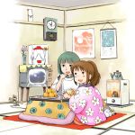  00s 1boy 1girl bangs black_eyes blunt_bangs brown_hair cable child clock eating floral_print food fruit green_hair haku indoors japanese_clothes kotatsu mandarin_orange ogino_chihiro orange plug ponytail pot sen_to_chihiro_no_kamikakushi short_hair sitting stove studio_ghibli table tatami television 