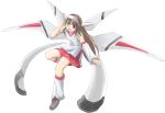  android battle blue_eyes brown_hair japanese_clothes long_hair mecha mechanical_wings miko original persocom robot wings 