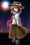  1girl behind_back book boots bow brown_eyes brown_hair brown_skirt fedora female full_body ghostly_field_club hat hat_bow holding holding_book necktie red_necktie ribbon_trim shirt skirt smile solo standing touhou usami_renko white_shirt 