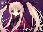  00s 1girl blonde_hair blue_eyes bonnet bow bowtie dress flower long_hair looking_at_viewer lowres red_background red_dress rose rozen_maiden shinku sidelocks simple_background solo twintails upper_body very_long_hair 
