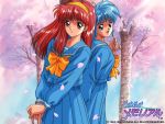  2girls 90s :d back-to-back blue_eyes blue_hair bow cherry_blossoms company_name copyright_name fujisaki_shiori hairband kokura_masashi logo long_hair long_sleeves looking_at_viewer multiple_girls nijino_saki official_art oldschool open_mouth petals red_eyes redhead school_uniform serafuku smile tokimeki_memorial tokimeki_memorial_1 yellow_bow 