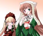  00s 2girls blonde_hair blue_eyes bonnet brown_hair candy dress eating green_eyes hat heterochromia lollipop long_hair multiple_girls one_eye_closed pocky red_eyes rozen_maiden shinku shinshin siblings sisters suiseiseki swirl_lollipop twintails very_long_hair 