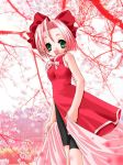  1girl :d artist_request bow cherry_blossoms dress female flower green_eyes hair_bow haruno_sakura looking_at_viewer naruto open_mouth parted_lips pink_hair pink_ribbon plant red_bow red_dress ribbon shorts sleeveless sleeveless_dress smile solo standing tree 