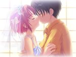  1boy 1girl black_hair bow bridal_veil couple game_cg hair_bow hetero kamiki_suzume kiss nonohara_miki redhead shishunki short_hair veil wedding 