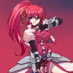  1girl arm_guards armor black_gloves blue_eyes braid buttons cowboy_shot dress elbow_gloves fingerless_gloves french_braid gloves hair_ribbon jacket levantine looking_to_the_side lyrical_nanoha mahou_shoujo_lyrical_nanoha mahou_shoujo_lyrical_nanoha_a&#039;s open_clothes open_jacket pink_hair ponytail red_background red_dress ribbon signum simple_background solo 