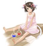  1girl animal_ears artist_request barefoot cat_ears cat_tail dress feet flask round-bottom_flask smile solo tail tan tanline 