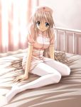  1girl bed female highres nurse original pantyhose posted_three_times shiragi smile solo white_legwear 