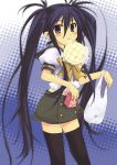  black_hair bread crossover food melon_bread miniskirt mizuki_makoto mouth_hold school_uniform serafuku shakugan_no_shana shana skirt thigh-highs twintails zettai_ryouiki 