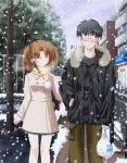  00s 1boy 1girl blush brown_hair closed_eyes couple glasses good_end hand_holding hetero highres md5_mismatch short_hair smile snow snowing toono_shiki tsukihime usa59113 yumizuka_satsuki 