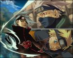  3boys akatsuki_(naruto) blonde_hair blue_eyes cloak deidara facial_mark forehead_protector grey_hair half_mask hatake_kakashi kobashi male_focus multiple_boys naruto naruto_shippuuden one_eye_closed ponytail red_eyes scar sharingan uzumaki_naruto 