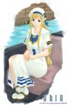  1girl alicia_florence aria blonde_hair blue_eyes bow genshi hat long_hair ribbon sitting smile solo uniform water 