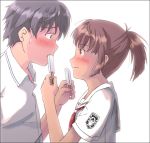  1boy 1girl black_hair blush brown_eyes brown_hair collared_shirt emblem food holding ice_cream kimi_kiss looking_at_another necktie nyazui ponytail popsicle red_necktie sakino_asuka school_uniform serafuku shirt short_sleeves simple_background smile sweatdrop white_background white_shirt 