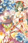  1girl butterfly fan folding_fan japanese_clothes kimono original solo traditional_media uko_(artist) watercolor_(medium) yuufuushi 