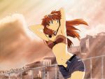  1girl armpits arms_behind_head blue_eyes denim denim_shorts headphones headphones_around_neck highres long_hair midriff neon_genesis_evangelion redhead shorts solo souryuu_asuka_langley sushio twintails vector_trace wallpaper 