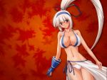  1girl abu blonde_hair blue_gloves blush breasts cowboy_shot dutch_angle gloves hairband headband huge_breasts leaf long_hair majikina_mina maple_leaf navel orange_background panties parted_lips partly_fingerless_gloves ponytail ribbon samurai_spirits single_glove solo thigh_gap underwear very_long_hair wallpaper white_hair white_panties 