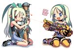  2girls armor bail beam blonde_hair blue_eyes gun hair_ribbon hairband homeworld homeworld_2 long_hair multiple_girls one_eye_closed personification pointy_ears red_eyes ribbon simple_background space_craft tears thigh-highs weapon wince wink 