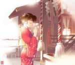  1girl bangs brown_hair closed_eyes cowboy_shot from_side hair_ornament hands_together iuro japanese_clothes kimono kouhaku_nawa light_smile long_sleeves obi original praying profile rope sash shide short_hair shrine shrine_bell solo standing wide_sleeves 