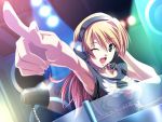  1girl :d armpits blonde_hair collarbone dj dutch_angle female finger_pointing foreshortening game_cg green_eyes hand_on_ear headphones ichinose_kyou imitation_lover izumi_mahiru jewelry long_hair looking_at_viewer necklace one_eye_closed open_mouth pointing shirt smile solo speaker spotlight upper_body wallpaper wink 