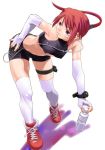  1girl bandaid bandaid_on_face bike_shorts breasts digital_media_player earphones earphones elbow_gloves erect_nipples gloves ipod red_eyes redhead small_breasts solo sport thigh-highs white_gloves 