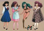  3girls 80s :d ^_^ apron bag bikini black_hair blue_dress brown_background closed_eyes coat cravat dark_skin dress full_body green_eyes hair_ribbon handbag long_hair lum miyake_shinobu multiple_girls navel oldschool open_mouth pantyhose ran_(urusei_yatsura) redhead ribbon shoes simple_background smile standing swimsuit tiger_print urusei_yatsura violet_eyes white_legwear 