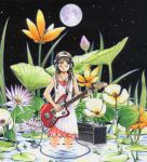  1girl amplifier brown_hair cable closed_eyes dress electric_guitar fairy flower full_moon guitar headphones instrument jewelry long_hair lotus minigirl moon music necklace night night_sky original oversized_object plant sky solo sorame star_(sky) starry_sky surreal wading water 