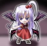  &gt;:) 1girl card chibi dress female goddess kukyo long_hair multiple_wings mystic_square purple_hair shinki solo touhou violet_eyes wings 