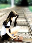  1girl brown_eyes brown_hair long_hair md5_mismatch original railroad_tracks school_uniform serafuku sitting skirt solo soshina_nohito 