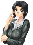  00s 1girl adjusting_glasses bespectacled black_eyes black_hair business_suit dress_shirt formal glasses grey_eyes hand_on_own_arm looking_at_viewer maria-sama_ga_miteru mizuno_youko pant_suit pinstripe_suit shirt short_hair simple_background solo striped suit tanaka_shoutarou white_background 