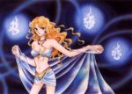  1girl ao_no_fuuin blonde_hair blue_eyes breasts cleavage cowboy_shot earrings fire flame jewelry kiryuu_souko long_hair looking_at_viewer midriff navel necklace orange_hair see-through shinohara_chie smile solo standing swimsuit veil 