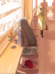  00s 2girls bag black_hair blonde_hair chin_rest coat coffee cup denim eugene fujino_shizuru indoors jeans kuga_natsuki long_hair looking_afar multiple_girls my-hime overcoat pants restaurant scarf sitting smile table winter_clothes 