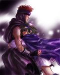  1boy 1girl assassin_(fire_emblem) bangs blood blush brown_hair cape closed_eyes couple fingerless_gloves fire_emblem fire_emblem:_rekka_no_ken gloves green_hair hairband height_difference hetero hug jaffar jaffar_(fire_emblem) mage nino_(fire_emblem) redhead short_hair size_difference skirt tears 