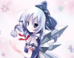  1girl blue_eyes blue_hair bow cirno female hair_bow ice kukyo looking_back no_nose serious short_hair snowflakes solo the_embodiment_of_scarlet_devil touhou wings 
