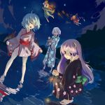  5girls alternate_costume beach blonde_hair blue_hair braid closed_eyes crescent crescent_hair_ornament feet female fireworks flandre_scarlet hair_ornament hong_meiling izayoi_sakuya japanese_clothes kimono kusanagi_kikoku long_hair multiple_girls night night_sky obi patchouli_knowledge purple_hair red_eyes redhead reflection remilia_scarlet sandals sash senkou_hanabi short_hair short_kimono short_yukata siblings silver_hair sisters sky sparkler the_embodiment_of_scarlet_devil toes touhou twin_braids wings yukata 