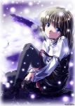  1girl blue_eyes brown_hair kanon md5_mismatch misaka_shiori sad sad_girl_in_snow signature snow snowing solo tears thigh-highs yukirin 