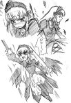  00s 1girl black_wings blush character_sheet feathers flower graphite_(medium) jumping long_hair looking_down monochrome motion_lines profile rose rozen_maiden sad suigintou sword tears traditional_media very_long_hair weapon wings 