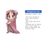  1girl afghanis-tan afuganisu-tan barefoot blush brown_hair character_profile chibi cloak english full_body green_eyes hood hooded_cloak looking_at_viewer lowres parody simple_background solo standing tears text timaking white_background 