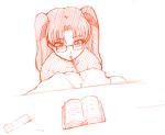  1girl book fate/stay_night fate_(series) glasses monochrome mouth_hold orange_(color) pocky sketch solo tohsaka_rin twintails two_side_up yaoyorozu-kobo 