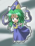  1girl blue_jacket blue_skirt bow chibi female green_eyes green_hair hat jacket kukyo long_hair lowres mima scepter simple_background skirt solo touhou wizard_hat 