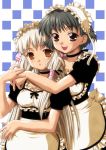  00s 2girls :d apron black_dress black_hair blonde_hair blush brown_eyes checkered checkered_background chii chobits choker clamp dress frills hair_tubes hairband hug hug_from_behind long_hair looking_at_viewer maid maid_apron maid_headdress multiple_girls oomura_yumi open_mouth parted_lips short_hair short_sleeves simple_background smile teeth underbust upper_body very_long_hair 