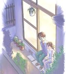  1boy 1girl brown_eyes brown_hair denim green_eyes iuro jeans original pants plant porch pot potted_plant sandals shorts sitting sleeveless window 