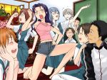  4boys 5girls aida_kensuke ayanami_rei barefoot blue_eyes blue_hair bow brown_hair denim denim_shorts drunk everyone freckles game_cg girlfriend_of_steel hand_on_hip hinamatsuri horaki_hikari ikari_shinji ikari_shinji_raising_project katsuragi_misato kirishima_mana kneeling midriff multiple_boys multiple_girls music nagisa_kaworu navel neon_genesis_evangelion one_knee purple_hair redhead school_uniform serafuku shorts silver_hair singing skirt souryuu_asuka_langley suzuhara_touji violet_eyes yonekura_kengo 